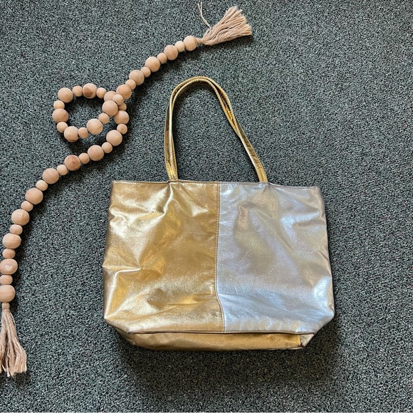Color-block Shiny Metallic Silver & Gold Medium Large Tote Bag Pockets Laptop - Picture 2 of 16
